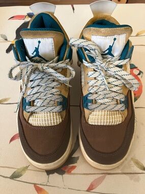 Air Jordan 4 Retro Shoes Youth Size 4Y Cacao Wow Geode Teal Brown FB2214-200